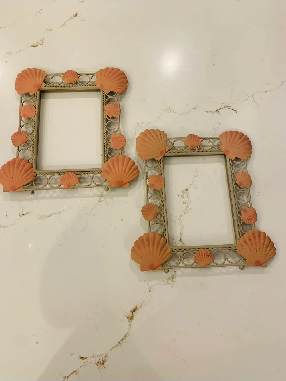 Coastal Accent Picture Frame Metal Scallop Shells Set Of (2) NO Glass (read).